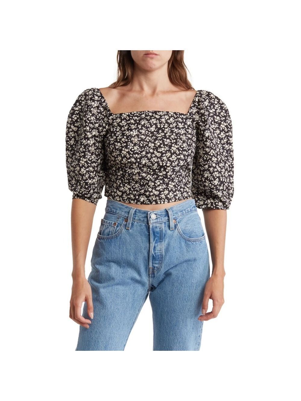 Levi's Dark Floral Cottagecore Top Puff Sleeve Square Neck Womens Large Black